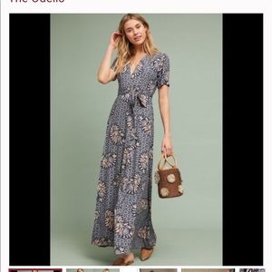 The Odells lavender and navy Anthropologie wrap dress